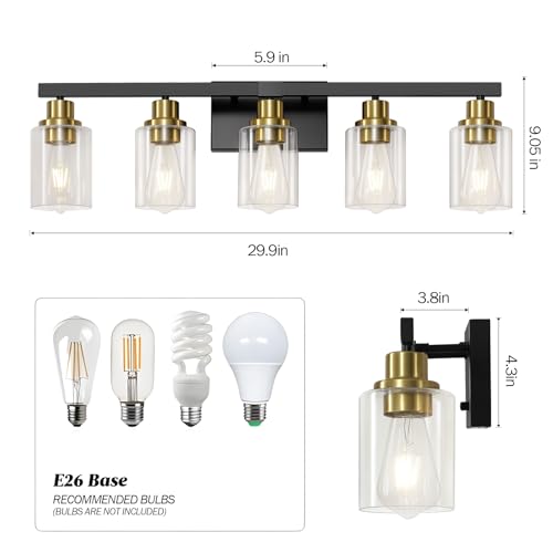 Image of 5-Light Black and Gold Bathroom Vanity Light, 30 inch Modern Vanity Lighting Fixture, Bathroom Light Fixtures, Wall Sconces with Clear Glass Shade, Black Bathroom Wall Light Over Mirror