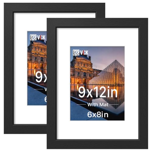 Image of VCK 9x12 Picture Frame with Real Glass, Black Wood Frame, 6x8 Mat, 2 Pack