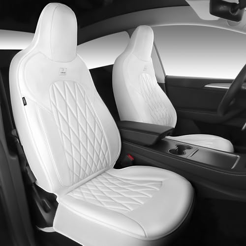 Image of CAR PASS Nappa Leather High Back Front Seat Covers, Tesla Model 3 Model Y Breathable Faux Leather Front Bucket Seat Covers, Anti-Slip Airbag Compatible Universal Fit for Sedan SUV Van Truck, White