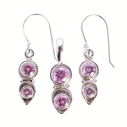 Cuarzo rosado en juego de joyas de plata para mujer con pendientes de 5mm