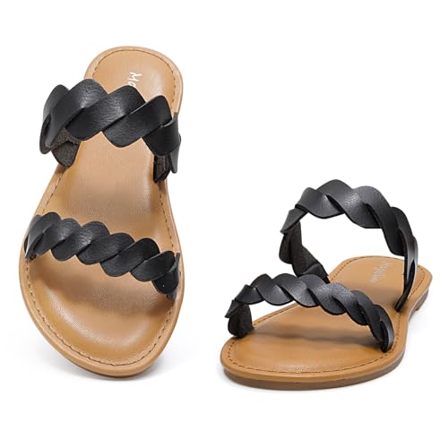Image of mazeskin Women's Memory Foam Two Braid Band Comfortable Summer Straps Flat Slide Sandals