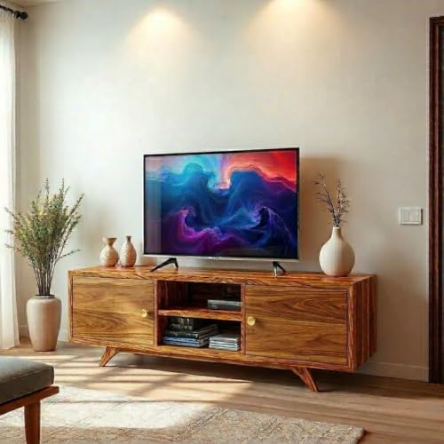 Image of Sheesham Wooden TV Unit for Living Room 55 inch TV - Wooden TV Cabinet 55 Inch - 2 Door & 2 Open Shelf, TV Stand for Living Room, Entertainment Center Media Console (Brina Honey)