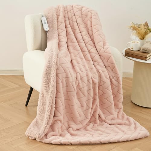 Manta Eléctrica 130x180 cm, Suave Vellón de Conejo y Sherpa, 4 Niveles de Temperatura y Apagado Automático 10H, Calor Corporal Completo, Lavable, para Sofá Cama Oficina (Rosa)