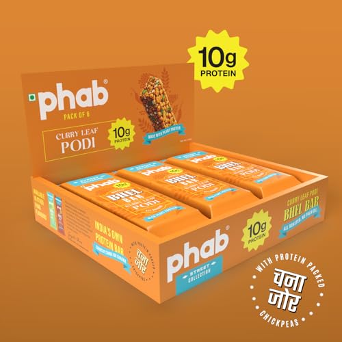 Image of PHAB Protein Bhel Bar - Podi Curry Leaf Flavour | Roasted Snack with South Indian Spice Blend | 10g Protein, <150 Cal, Gluten-Free, No Palm Oil | (Pack of 6x35g)