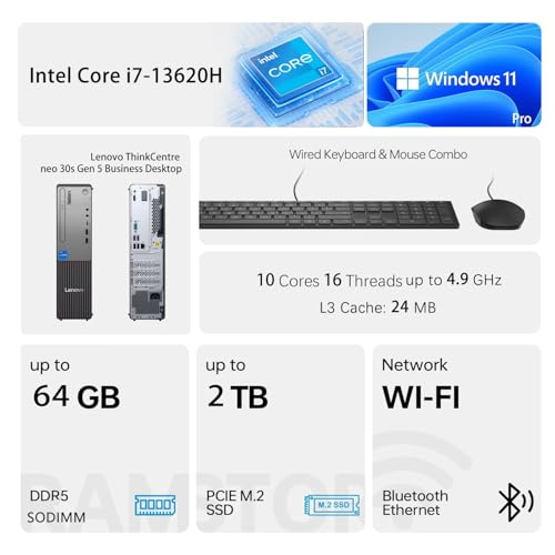 Image of Lenovo ThinkCentre Small Form Factor Business Desktop, 13th Gen Intel Core i7-13620H, 16GB DDR5, 1TB SSD, HDMI, VGA, Wi-Fi, Wired KB & Mouse, Windows 11 Pro, Bundle with Adata 64GB USB Flash Drive
