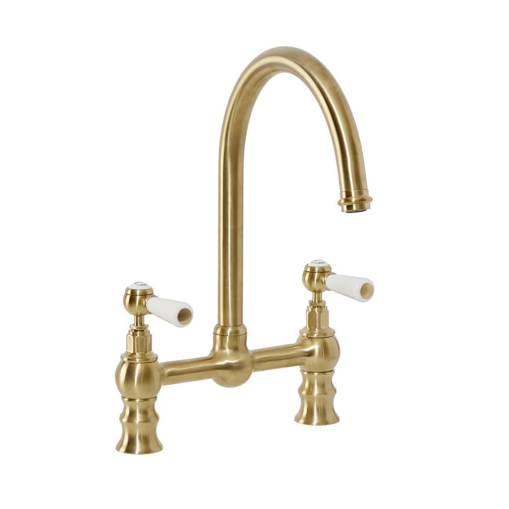 Milano Brushed Brass Elizabeth Lever Handle Bridge Kitchen Sink Mixer Tap Swivel Spout