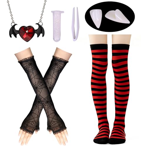Parma77 4 Pcs Halloween Vampire Costume for Women Black and Red Striped Tights Vampire Bat Necklace Spider Long Glove Fingerless Glove White Teeth Fangs