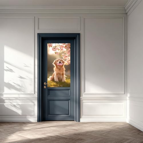 Image of Golden Retriever Refrigerator Sticker 14.57 x 32.28 Inch PVC Fridge Decal for Kitchen Cabinet Door Cupboard Pantry Door Flat Home Surface