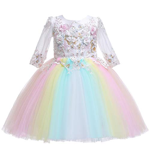 Weileenice Flower Girl Dress Pastel Tulle Lace 3D Embroidery Floral Beading Halloween Christmas Pageant Wedding Party Dresses for Infant Toddler Girls (5-6 Years, 9820-LSRW)
