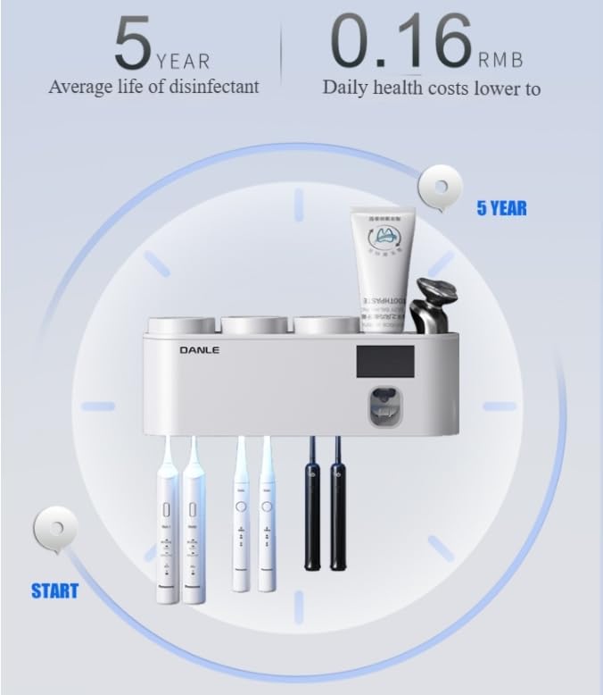 Desinfectante inteligente UV para cepillos de dientes y portavasos, esterilizador UV-C inalámbrico con tecnología de detección automática, soporte de pared impermeable y sin taladro, duración de la