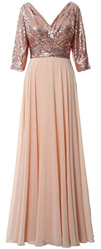 MACloth Women Long Sleeve V Neck Long Sequin Mother of Bride Dresses Maxi Gown (US22w, Rose Gold)