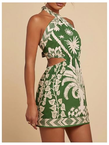 Image of MakeMeChic Women's Boho Mini Dress Summer Beach Vacation Halter Dresses Floral Sundress