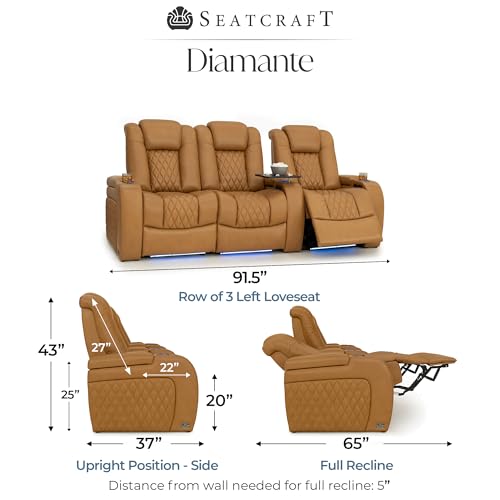 Image of Seatcraft Diamante Tan Oak Italian Leather Home Theater Seating, Zero Gravity Power Recliner Gaming and Home Office Chair Powered Headrest Lounge Sofa Furniture for Cinema Room Row of 3 Left Loveseats
