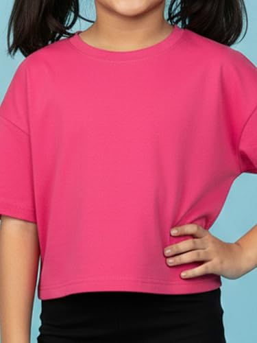 Image of KiddoPanti Girls 100% Cotton Solid Drop Shoulder Half Sleeve Round Neck Crop Tee