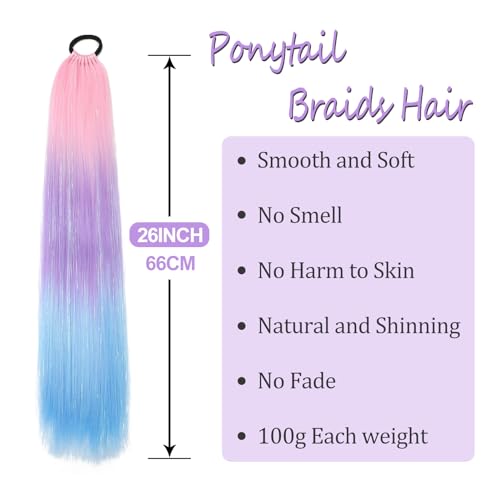 1 Packs 26 Inch Rainbow Ponytail Hair Extensions with Tinsel Hair for Jumbo Braiding Hair Extensions Soft Yaki Straight Synthetic Hair Glitter Ponytail for Girls DIY Box Braids(pink-purple-blue) - Image 2