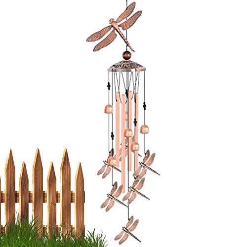 Youding Campanilla de viento de jardín de libélula, campanillas de viento de metal para interiores, con 4 tubos de aluminio y un gancho, campanilla de viento vintage para porche