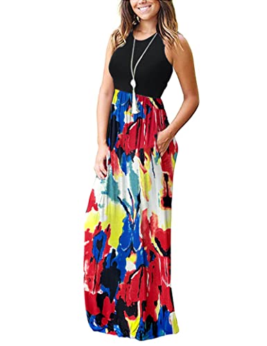 Image of AUSELILY Women's Summer Sleeveless Loose Plain Casual Long Maxi Dresses | Year Round wear solid floral print, Casual daily wear, Empire waist, Floor length, Side pockets New