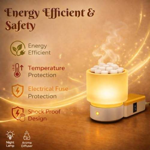 Image of Electric Kapoor Dani with On /Off Switch & Night Lamp | Flameless Camphor Diffuser, Steel Plate for Pooja Room & Bedroom & Office | Works with Camphor, Essential Oils & Bakhoor
