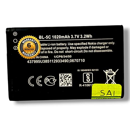 Image of Original BL-5C Batery for Nokia Phones, 1020mAh 3.7V Li-ion Rechargeable, Compatible with Nokia 1100, 1200, 1208, 1600, 2300, 2600, 2700