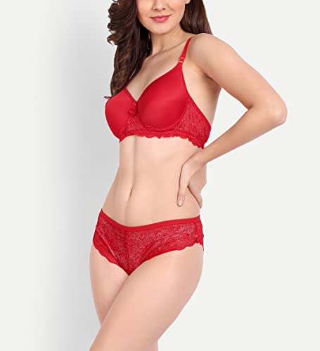 Image of FIMS - Fashion is my style Women Cotton Floral Lace Padded, Non-Wired, Full Coverage, Seamless Bra Panty Set, Multicolor, Lingerie Set