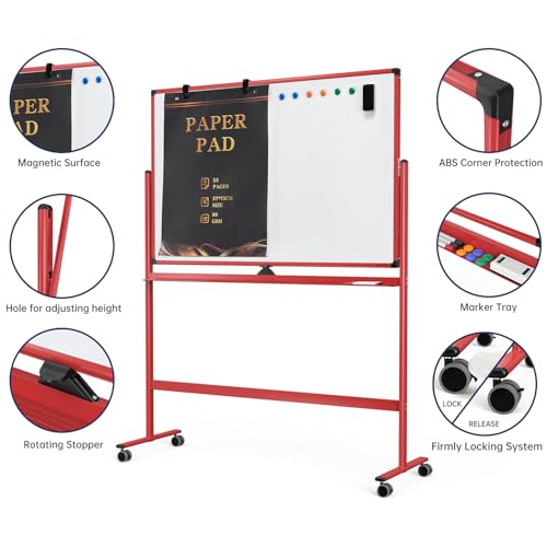 Image of Large Dry-Erase Rolling Magnetic Whiteboard - 48 x 32 Inches Dry Erase Board with Stand Height Adjust Double Sides Mobile White Board Easel on Wheels with 25 Sheets Paper Pad Office, Home & Classroom