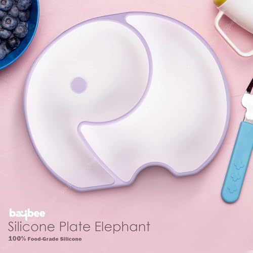 Image of BAYBEE Elephant Silicone Divided Baby Plate with 2 Training Spoons | Baby Feeding Set for Toddlers & Kids | Suction Plate and Spoon Combo for Boys & Girls | Tableware Set for Boys & Girls (Purple)