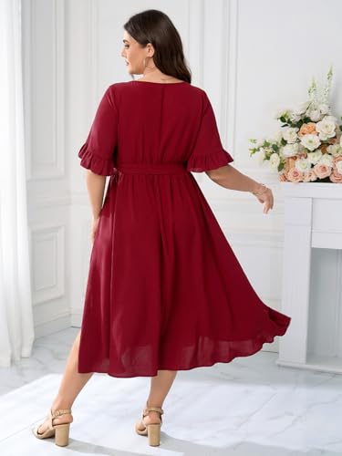 Image of SCOMCHIC Women's Plus Size Wedding Guest Dress Smocked V Neck Short Ruffle Sleeve Split Flowy Summer Cocktail Dresses