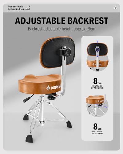 Donner Drum Throne with Backrest, Heavy Duty Hydraulic Drum Stool Height Adjustable Motorcycle Style Drum Seat Saddle Drum Throne for Adults Drummers (Brown)