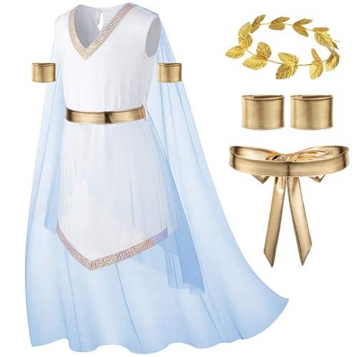 Girls Toga Dress Greek God Outfit Roman Robe Cosplay Halloween Costume Accessories Set(BU 150) Blue