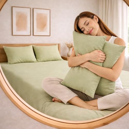 Image of THE HOME STYLE Solid Plain Cotton Feel Fitted Bedsheet (72x78 inches) with Reversible Comforter (90x100 inches) | King Size | 2 Pillow Covers | 300 TC | 4-Piece Bedding Set (Sage Green)