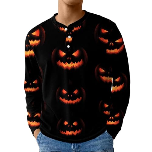 DENGJIAMY – Sweat-shirt d'Halloween tendance pour homme, haut de vacances, chemise Henley d'automne à manches longues pour hommes, hauts décontractés à boutons et col rond, Noir , XXL