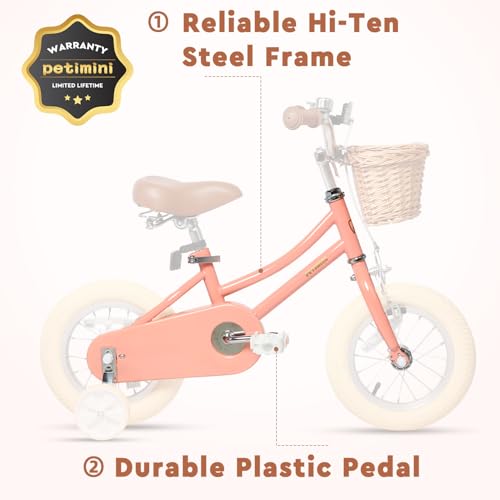 Image of Petimini Vintage Kids Bike for Girls, 12-20 Inch Classic Bicycle with Wicker Basket & Bell, High Tensile Steel Frame, Training Wheels (12-18 inch), 85% Pre-Assembled, Retro Bike for Outdoor Riding