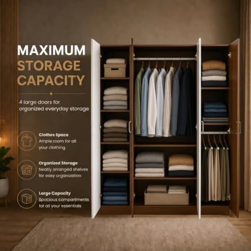 Image of GRATUS 4 Door Wardrobe - Modern Engineered Wood Cupboard Without Drawer for Clothes Storage, Spacious Bedroom Organizer - 180 x 145 x 45 cm Classic White