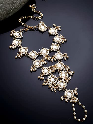 Image of Karatcart Gold Plated Baby Pink Pearl Chain Kundan Hathphool