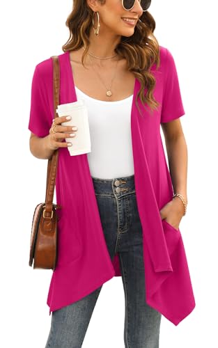 Image of Veryoung Floral Short Sleeve Cardigans for Women Casual Drape Open Front Lightweight Summer Cardigan with Pocket High Low Hem