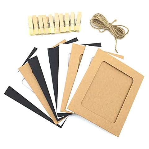 Divehubi 2 Set DIY Cardboard Photo Frames with Wood Clips and Jute Twine Kraft Paper Picture Frames Hanging Paper Photo Frame Set for 4 Inch Photos with Wooden Clips and String Cover