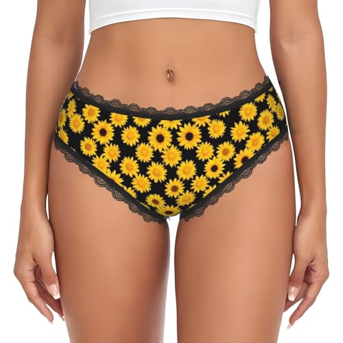 Supdreamc Trendy Hollow Lace Bikini Floral Black Yellow Flowers Sunflower, Women Low Rise Soft Elastic Breathable Fashion Lingerie, XX-Large