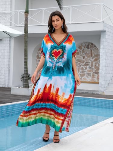 Image of KECVOT Kaftan Dresses for Women V-Neck Print Swimsuit Cover Up Plus Size Beach Caftan Lounge Dress