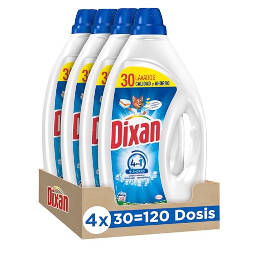 Dixan Gel Total 4+1, Detergente Líquido para Lavadora (pack de 4, total: 120 lavados), jabón para ropa blanca y clara. Limpieza, luminosidad, frescor y sostenibilidad.