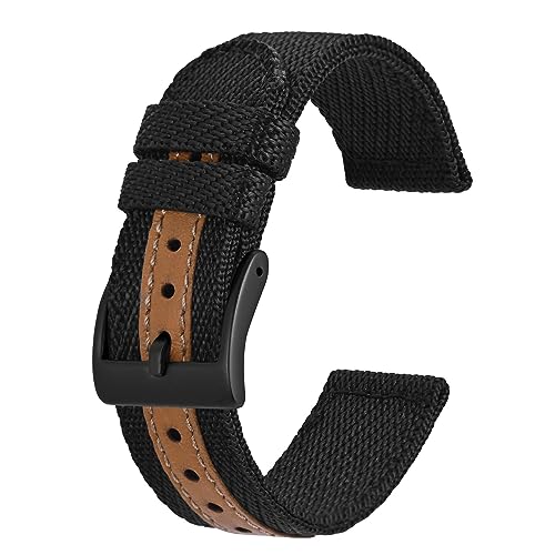 BISONSTRAP Sporty Nylon Watch Bands, Military Watch Strap for Men 20mm, Black with Black Buckle