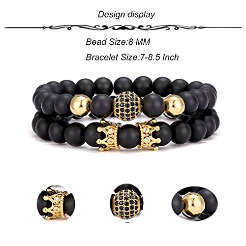 Sonnyx 4Pcs 8Mm Crown King Charm Beads Bracelet For Men Women Natural Black Matte Onyx Stone Beads Elastic Adjustable #TOP1