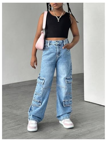 GORGLITTER Girl's Flap Pocket Baggy Cargo Jeans Y2k Wide Leg Zipper Fly Washed Denim Pants4