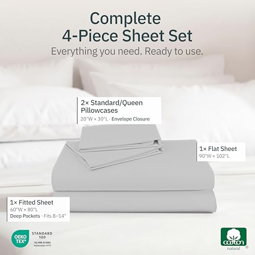 Image of Super Soft 100% Cotton Queen Bed Sheets, 4 Pc Set, Light Grey | Lightweight & Breathable For Hot Sleepers, 14 inch Deep Pocket, All-Around Elastic, Durable, Easy Care, OekoTex Certified