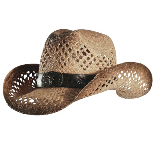 Image of Men's Cowboy Hats Summer Women Beach Cowgirl Hat Raffia Unisex Western Sun Hat