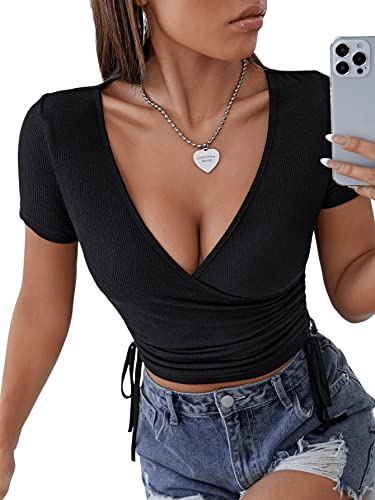 GORGLITTER Damen Wrap Bauchfrei Tops V-Ausschnitt Crop Top Kurz Oberteil...