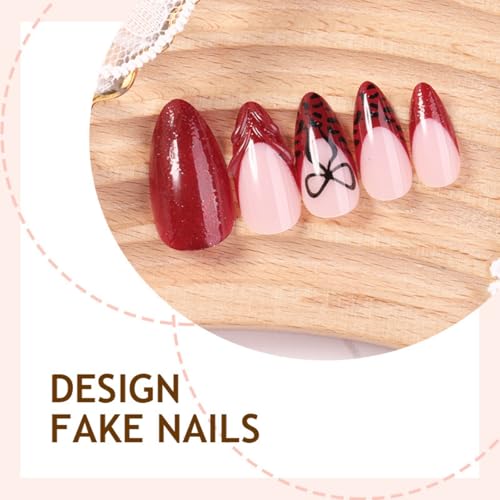 Image of Red Nail Press ons French Tip Fake Nails with Glitter Design Medium Almond Glue on Nail Glossy Full Cover Bow Press on Nails for Women Manicure 24Pcs