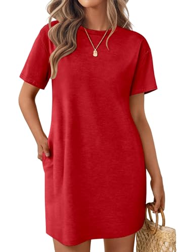 Ekouaer Nightgowns for Women Cotton Sleep Shirts Tshirt Nightshirt Casual Sleepdress Sleepwear with Pockets Teal Red XL