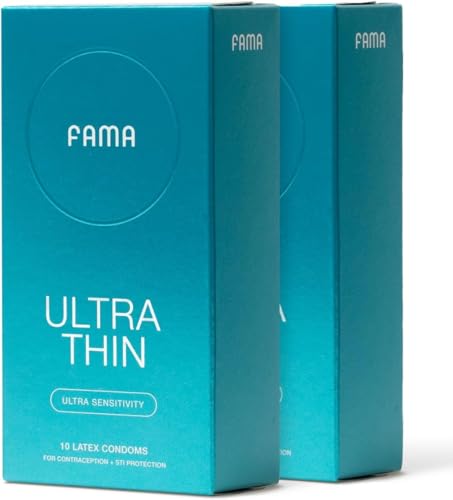 FAMA Ultra Thin Condoms – 0.04mm, Extra Lubricated, 25% Thinner Natural Latex, 20-Count, FDA-Cleared, 53mm Diameter, Hypoallergenic, Odorless, Long-Lasting Comfort