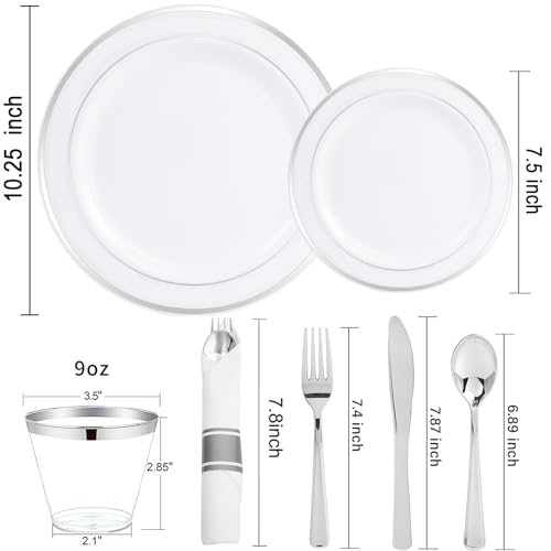 WELLIFE 700 Pcs Silver Plastic Plates for 100 Guests -Party Supplies Includes 200 Silver Plates,300 Plastic Silverware,100 Napkins,100 Cups for Party and Wedding