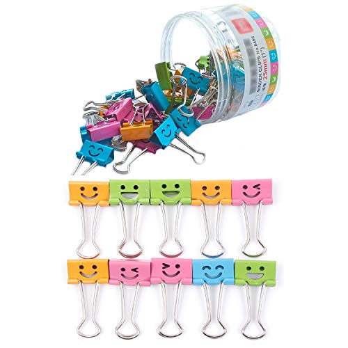 ORNOOU Medium Metal Colored Binder Clips(1inch/25mm), 50pcs Paper Clips Assorted, Cute Binder Clips with Hollow Smile Face, Paper Clamps for Photo Document Home School Office Supplies